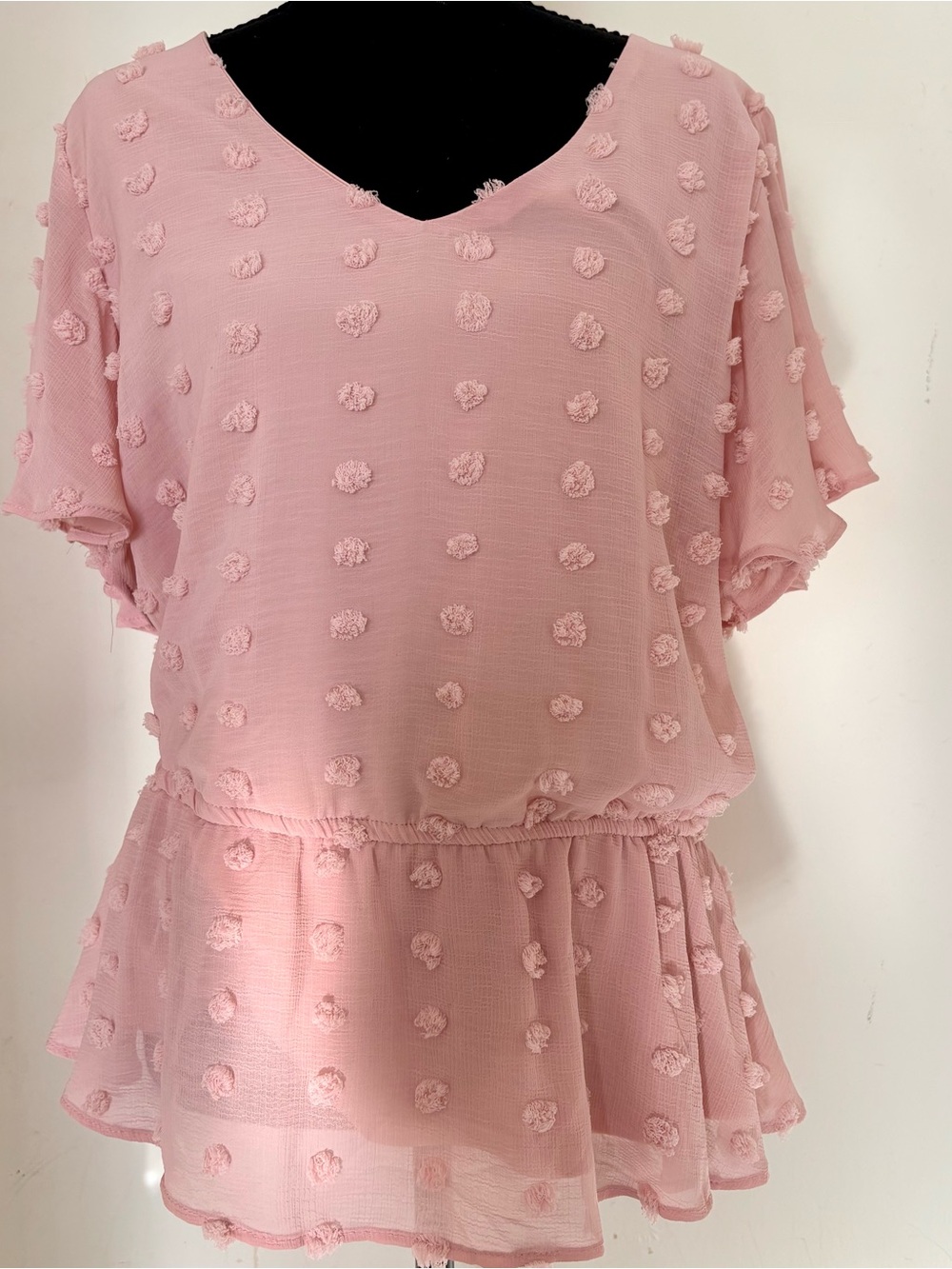 SO Brand Texture PolkaDot Peplum Date Night/Office-Flutter Sleeve Peach Blouse